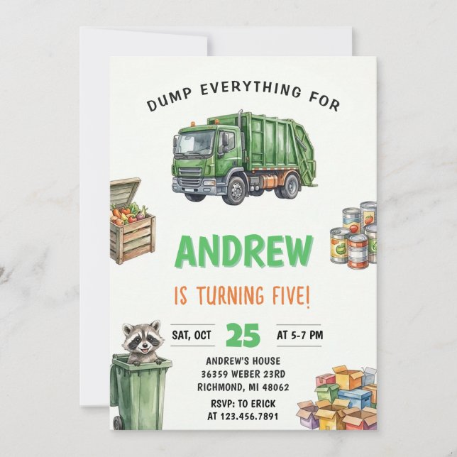 Invitación Fiesta de Cumpleaños del Camión de Basura para Niñ (Anverso)