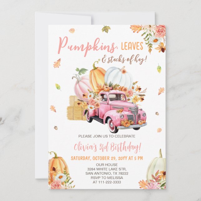 Invitación Fiesta de cumpleaños del camión de calabaza (Anverso)