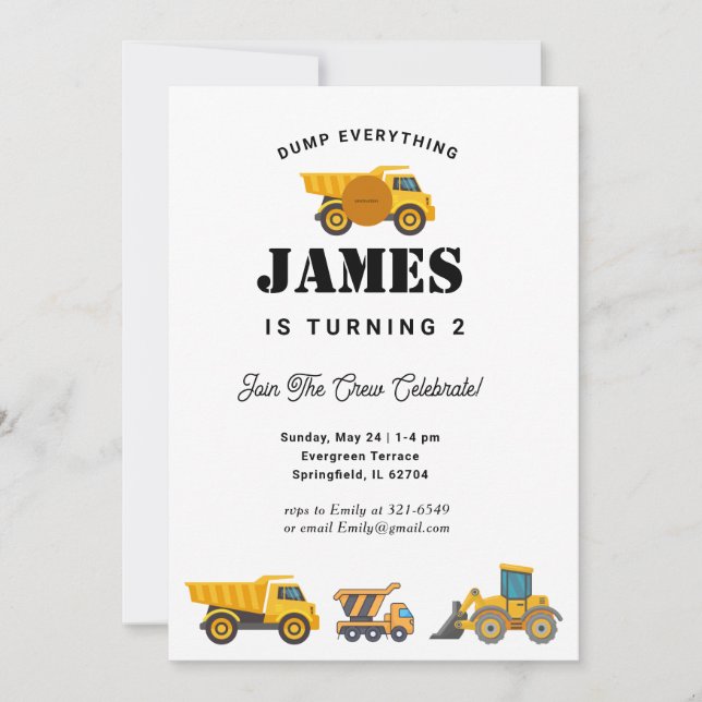 Invitación Fiesta de cumpleaños del camión de construcción (Anverso)