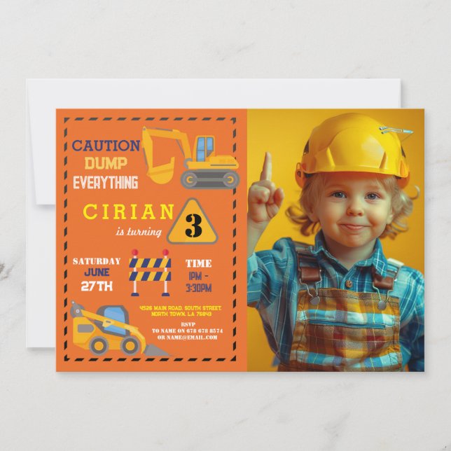 Invitación Fiesta de cumpleaños del camión de construcción (Anverso)