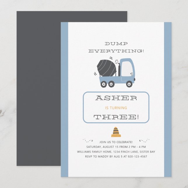 Invitación Fiesta de cumpleaños del camión de construcción (Anverso / Reverso)