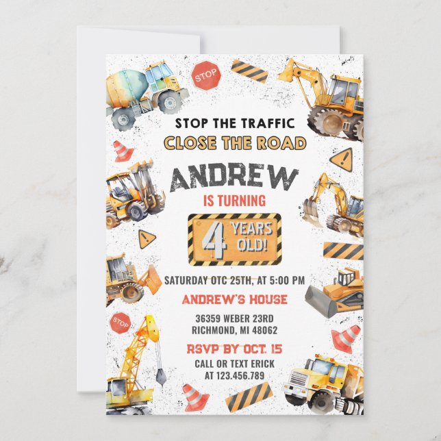 Invitación Fiesta de cumpleaños del camión de la construcción (Anverso)