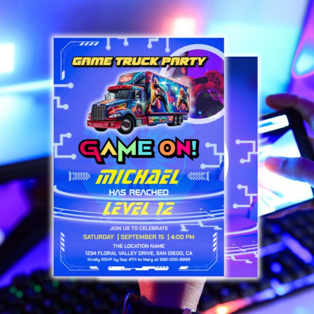 Invitación Fiesta de cumpleaños del Camión de Vídeo para Niño (Kids Video Game Truck Birthday Party Invitation)
