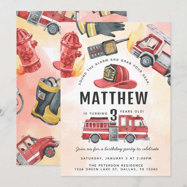 Invitación Fiesta de cumpleaños del Camión del Motor de Fuego (Anverso / Reverso)