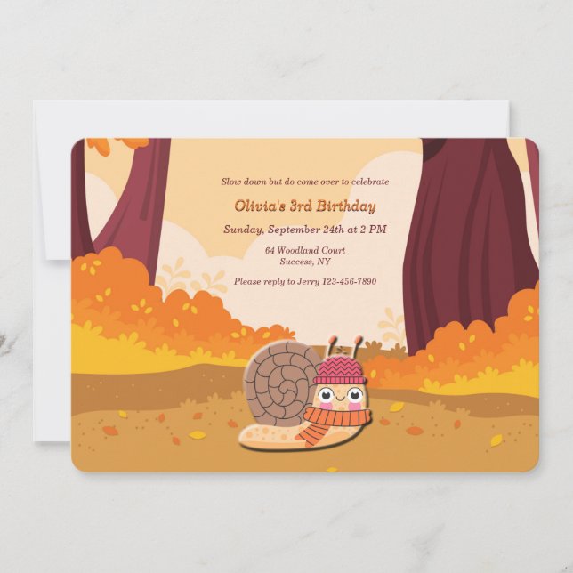 Invitación Fiesta de cumpleaños del caracol de otoño (Anverso)