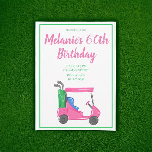 Invitación Fiesta de cumpleaños del Carro de Golf Preppy Pink