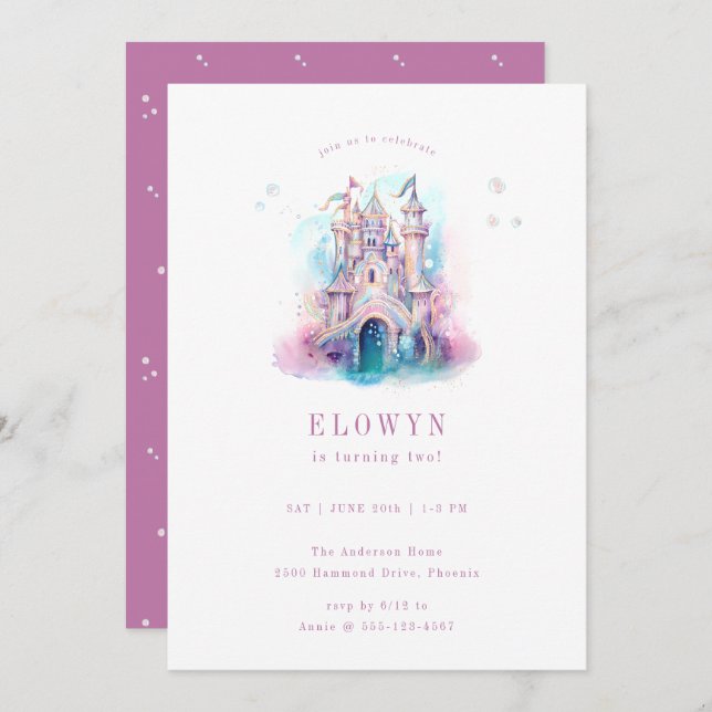 Invitación Fiesta de cumpleaños del castillo de la sirena (Anverso / Reverso)