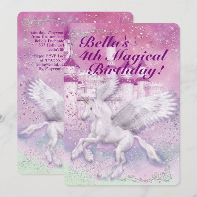 Invitación Fiesta de cumpleaños del castillo de la unicornio (Anverso / Reverso)