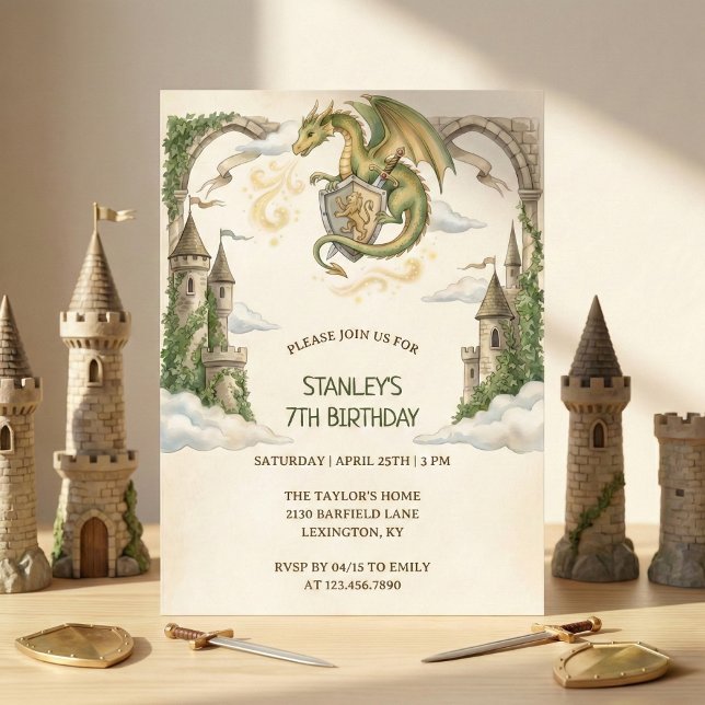 Invitación Fiesta de Cumpleaños del Castillo del Dragón Medie (Medieval Dragon Castle Birthday Party Invitation)