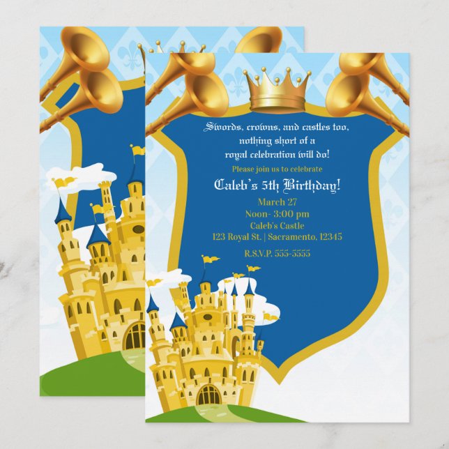 Invitación Fiesta de cumpleaños del Castillo del Príncipe Azu (Anverso / Reverso)