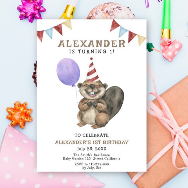 Invitación Fiesta de cumpleaños del castor adorable 1er (Subido por el creador)