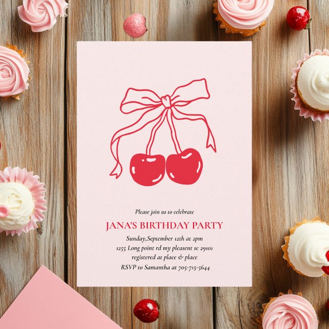 Invitación Fiesta de cumpleaños del cerezo rojo y rosado (Subido por el creador)