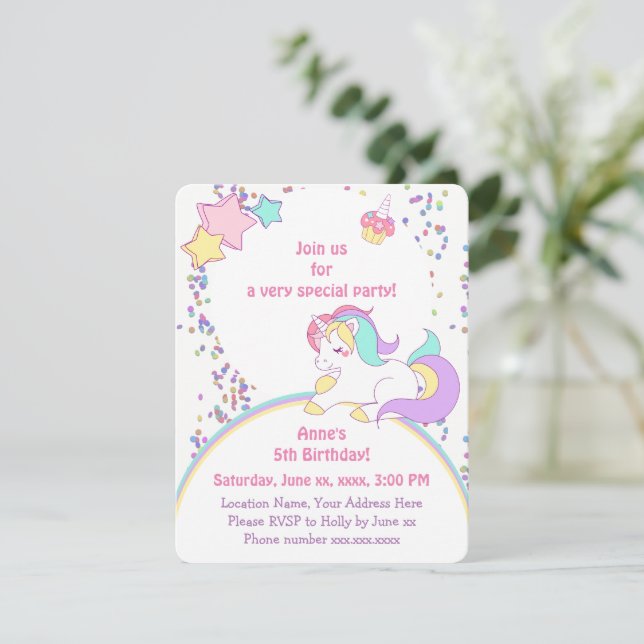 Invitación Fiesta de cumpleaños del Chica Arcoiris de Unicorn (Anverso de pie)