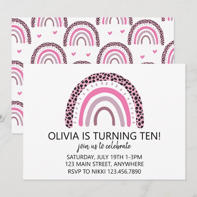 Invitación Fiesta de cumpleaños del chica Arcoiris Rosado (Anverso / Reverso)