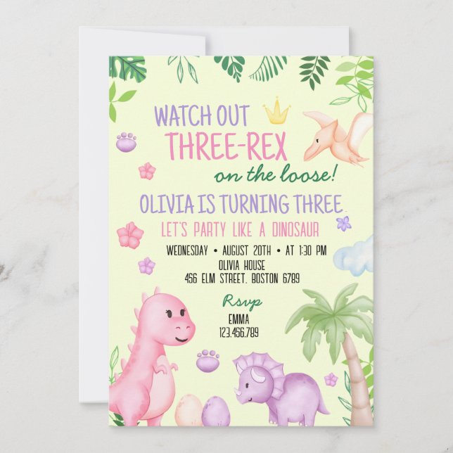 Invitación Fiesta de cumpleaños del Chica Cute Dino (Anverso)