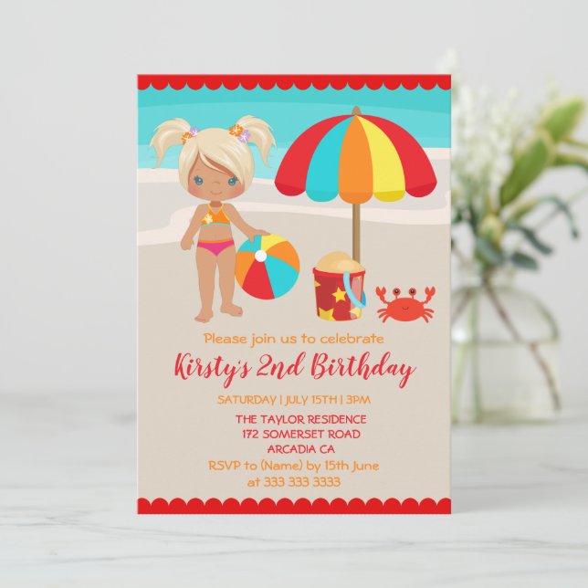 Invitación Fiesta de cumpleaños del Chica Cute Summer Beach (Anverso de pie)