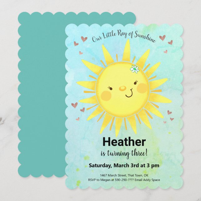 Invitación Fiesta de cumpleaños del Chica Cute Sunshine (Anverso / Reverso)