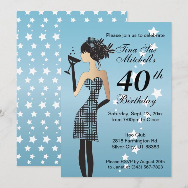 Invitación Fiesta de cumpleaños del Chica de cócteles (Anverso / Reverso)