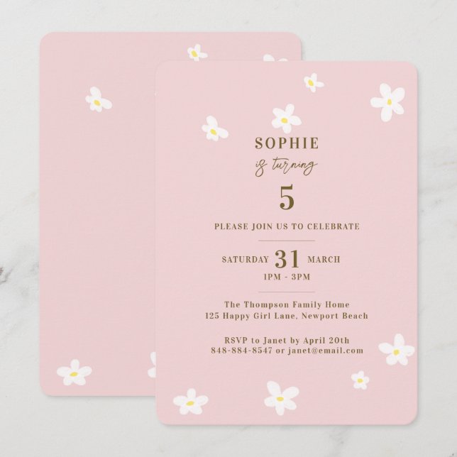 Invitación Fiesta de cumpleaños del Chica de Daisies Blancos  (Anverso / Reverso)