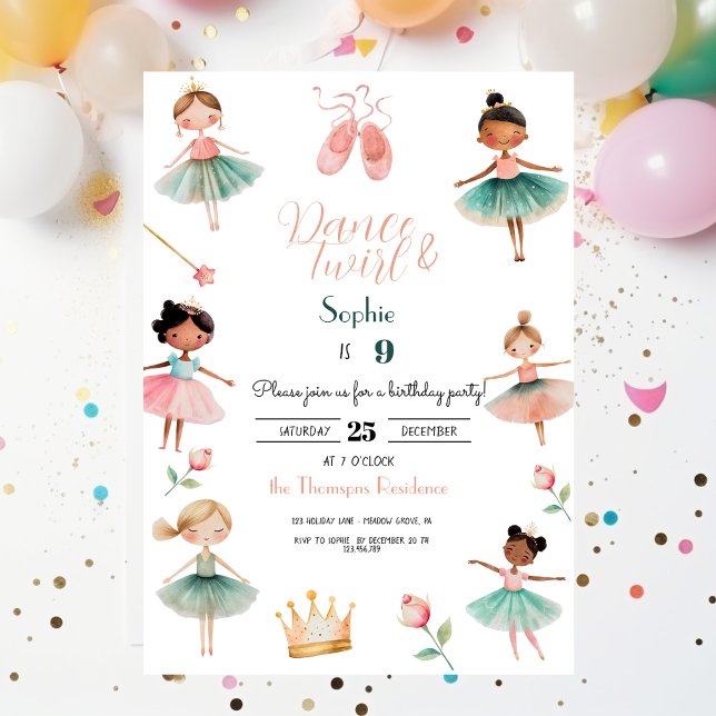 Invitación Fiesta de cumpleaños del chica de danza y twirl (Subido por el creador)