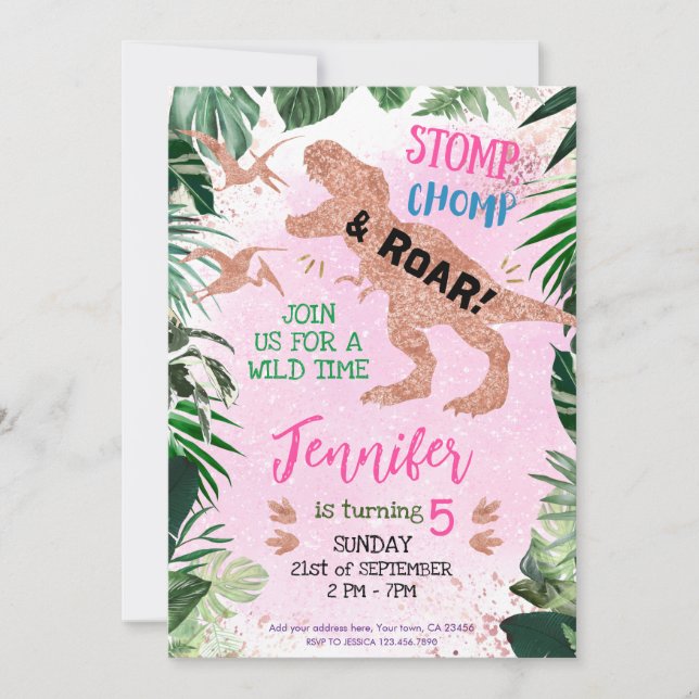 Invitación Fiesta de cumpleaños del Chica de dinosaurios Cute (Anverso)