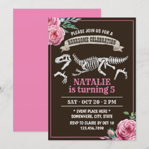 Invitación Fiesta de cumpleaños del Chica de dinosaurios flor