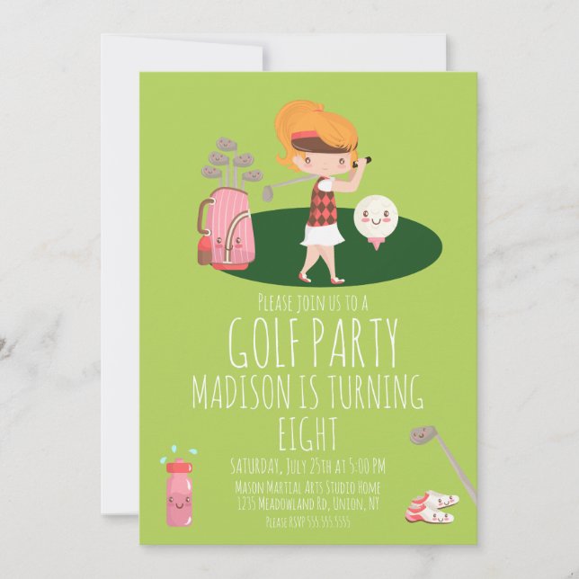 Invitación Fiesta de cumpleaños del Chica de golf Cute (Anverso)