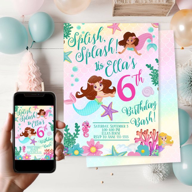 Invitación Fiesta de cumpleaños del Chica de la Sirena Cuta (Mermaid Party Invitations)