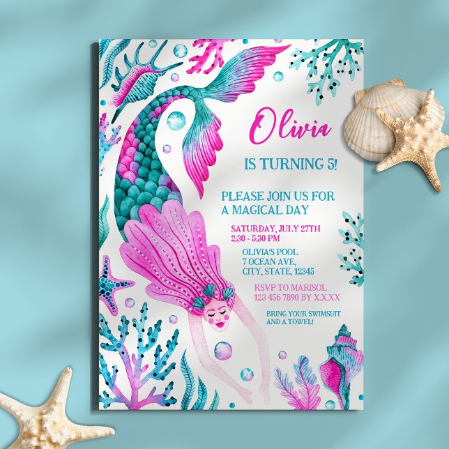 Invitación Fiesta de cumpleaños del Chica del Fiesta de la Si (Mermaid Pool Party Girl's Birthday Party Invitation)