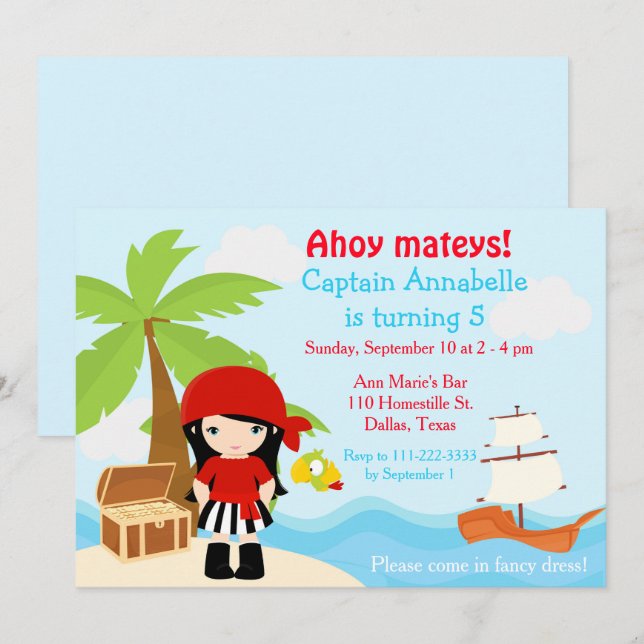 Invitación Fiesta de cumpleaños del Chica del pirata negro (Anverso / Reverso)