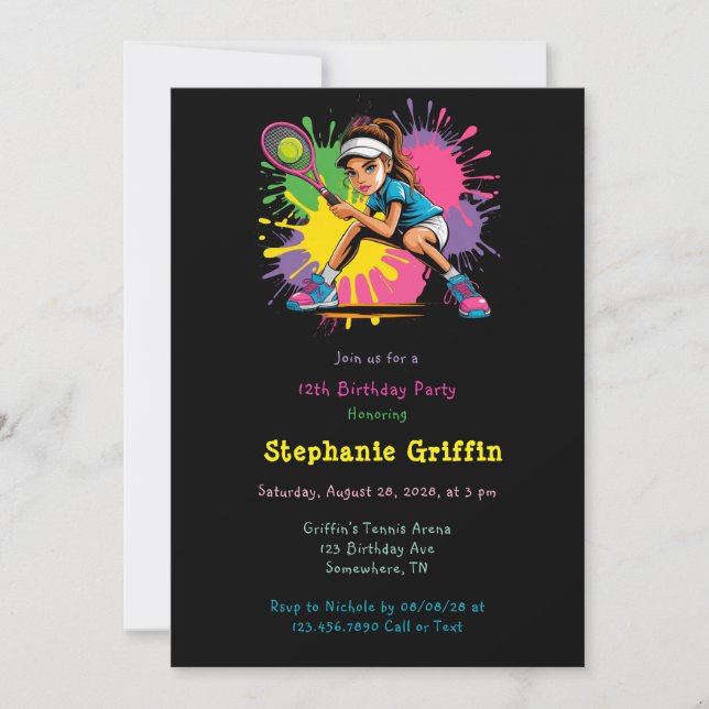 Invitación Fiesta de cumpleaños del Chica Estrella de Tenis (Anverso)