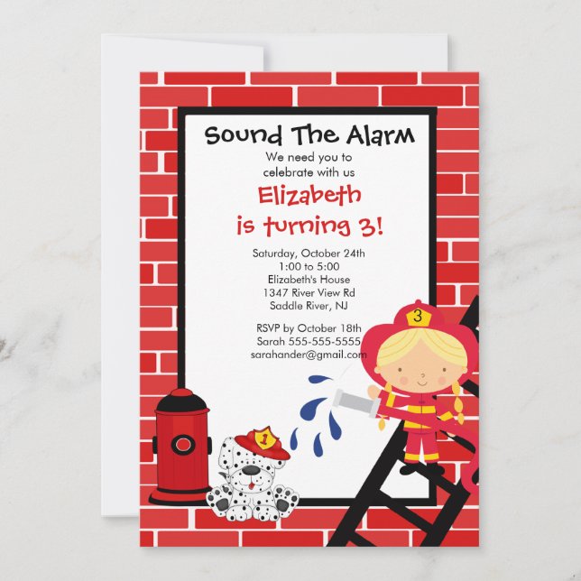 Invitación Fiesta de cumpleaños del chica Fireman (Anverso)