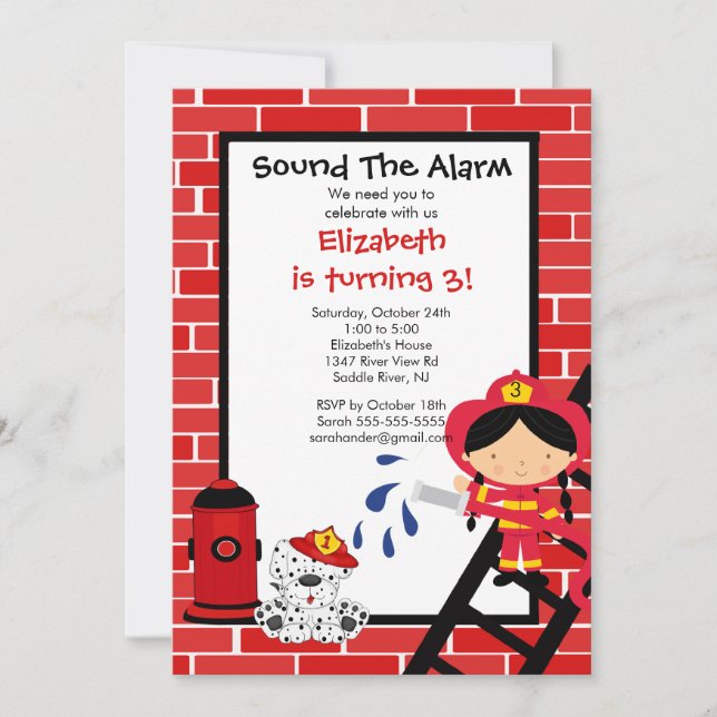 Invitación Fiesta de cumpleaños del chica Fireman (Anverso)