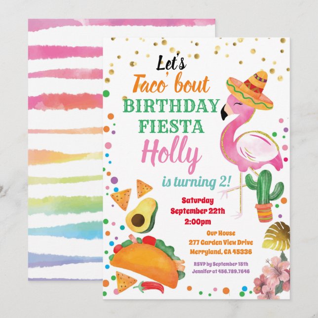 Invitación Fiesta de cumpleaños del Chica Flamingo Taco Fiest (Anverso / Reverso)