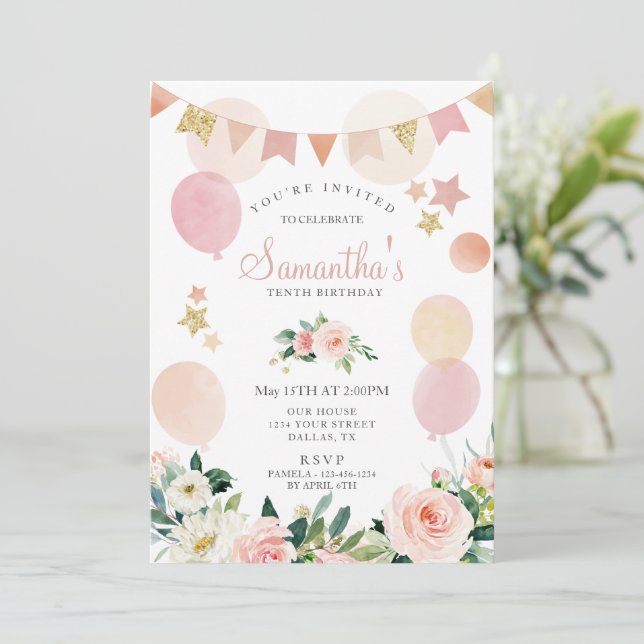 Invitación Fiesta de cumpleaños del Chica floral de la primav (Anverso de pie)