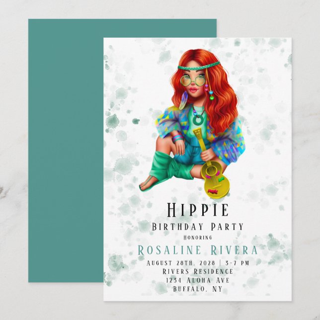 Invitación Fiesta de cumpleaños del Chica Hippie Preteen (Anverso / Reverso)