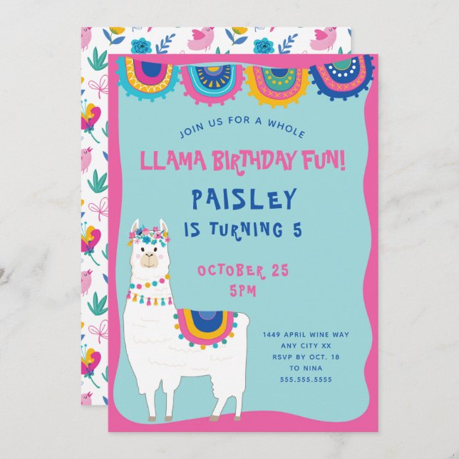 Invitación Fiesta de cumpleaños del chica Llama (Anverso / Reverso)