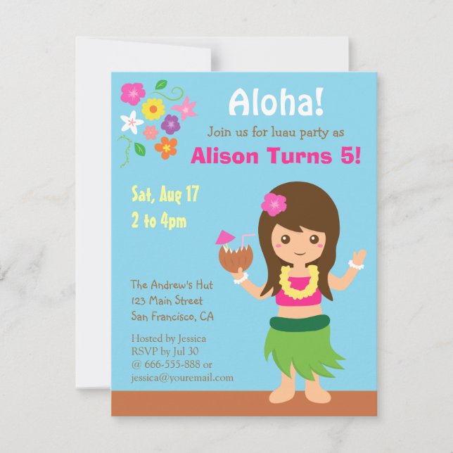 Invitación Fiesta de cumpleaños del Chica Luau de la Hula (Anverso)