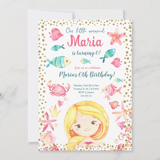 Invitación Fiesta de cumpleaños del Chica Mermaid Gold Confet (Anverso)