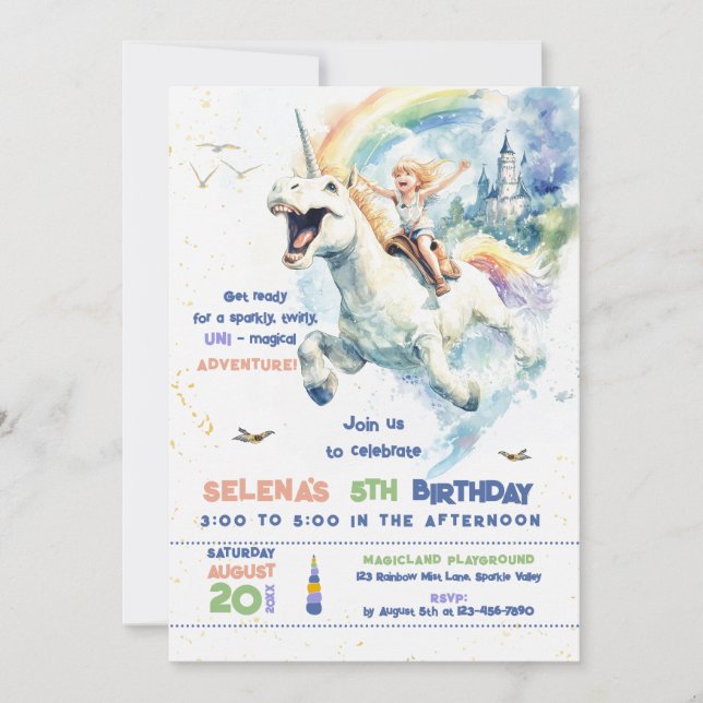 Invitación Fiesta de cumpleaños del Chica Princesa de Unicorn (Anverso)