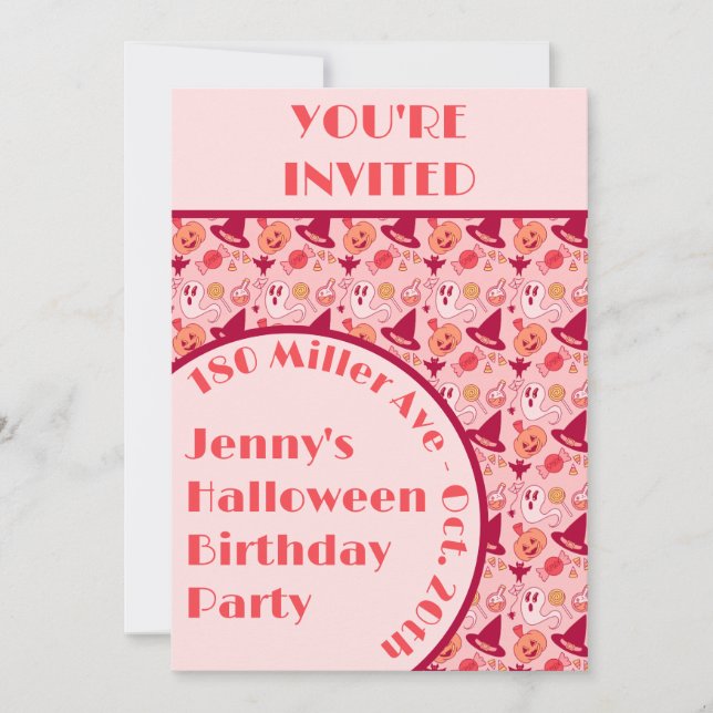 Invitación Fiesta de cumpleaños del Chica Rosa de Halloween (Anverso)