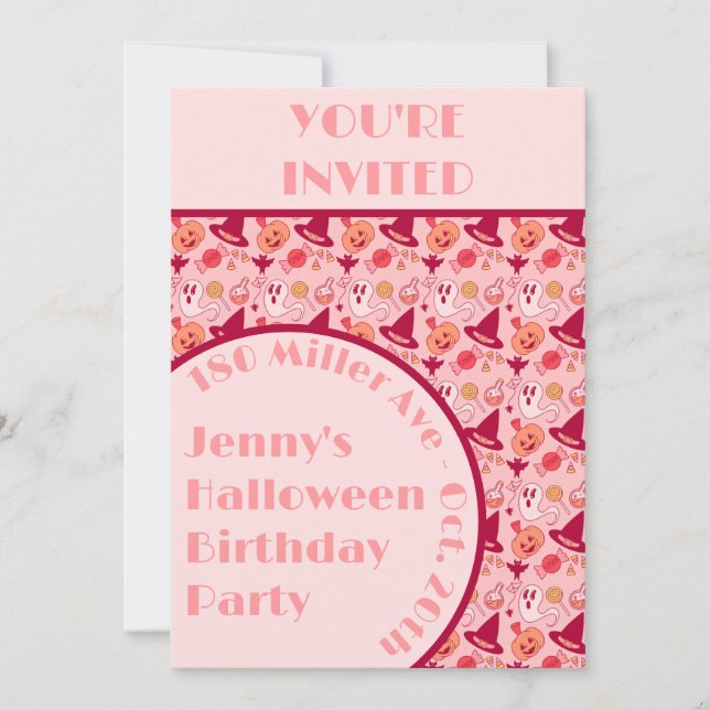 Invitación Fiesta de cumpleaños del Chica Rosa de Halloween (Anverso)