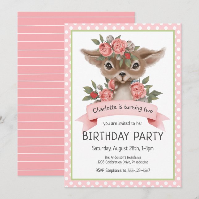 Invitación Fiesta de cumpleaños del Chica Rosado Woodland (Anverso / Reverso)