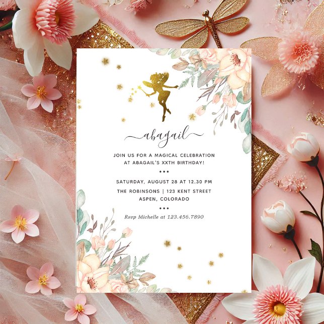 Invitación Fiesta de cumpleaños del Chica sobre el tema de lo (Pink and Gold Fairy themed Girl Birthday Party Invitation)