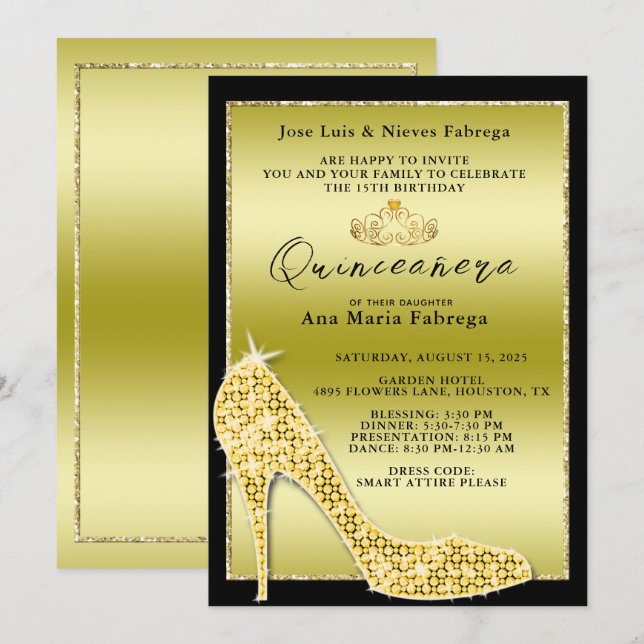 Invitación Fiesta de cumpleaños del chica "Stiletto de Oro Qu (Anverso / Reverso)
