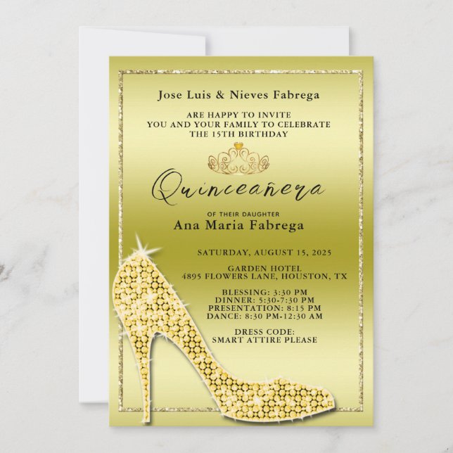 Invitación Fiesta de cumpleaños del chica "Stiletto de Oro Qu (Anverso)