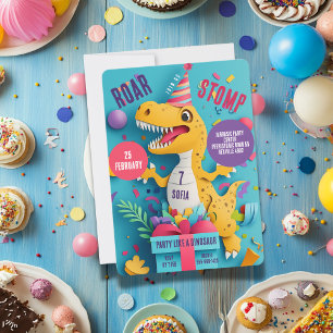 Invitación Fiesta de cumpleaños del Chica Stomp Roar Dinosaur