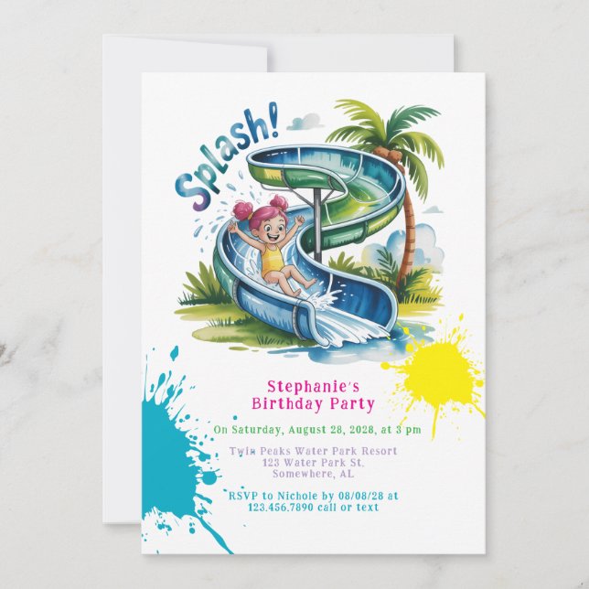 Invitación Fiesta de cumpleaños del Chica Water Slide Splah (Anverso)