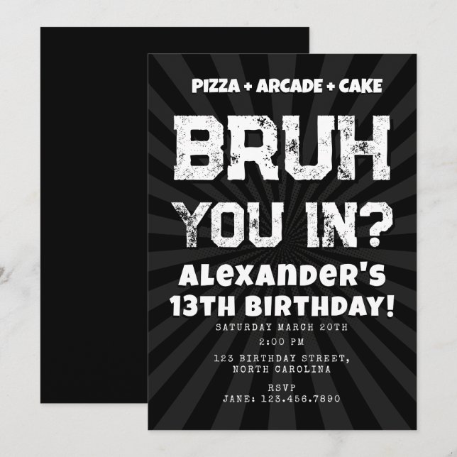 Invitación Fiesta de Cumpleaños del Chico 'Bruh' Adolescente  (Anverso / Reverso)