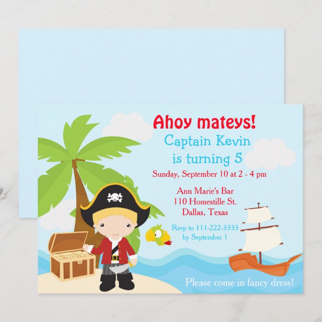 Invitación Fiesta de cumpleaños del chico pirata (Anverso / Reverso)